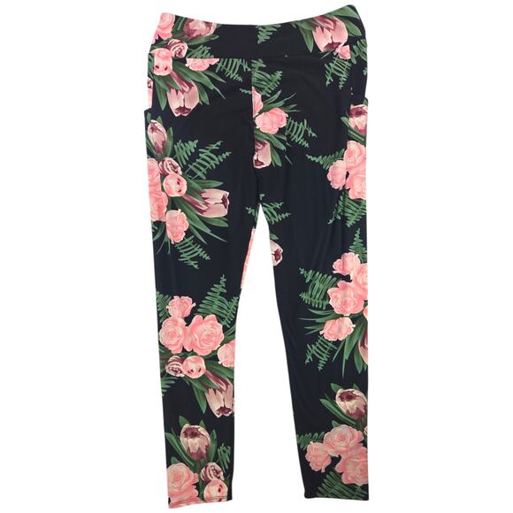 Simple Addictions Pants - Simple Addiction | Black Leggings w/Roses & Pockets | Size Curvy (16-20)